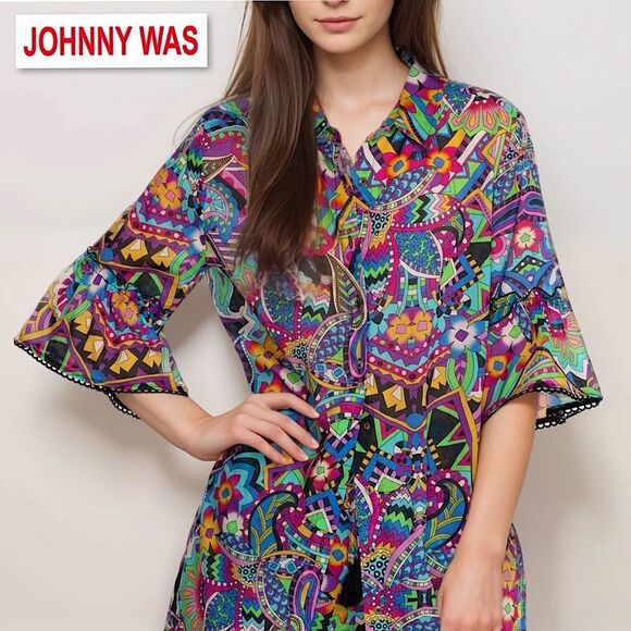 Johnny Was Demarne Ruffle Sleeve Tunic Shirt Top R24924 XS Multi Boho Chic - Picture 4 of 16